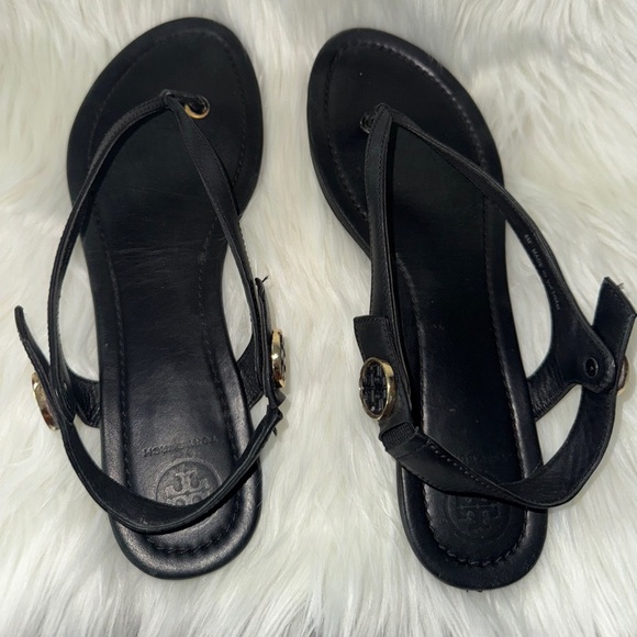 Tory Burch Veg Leather Black Minnie Travel Sandals Flats Womens Shoes 8M - Picture 1 of 9